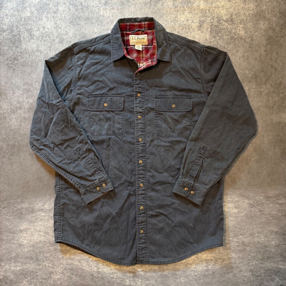 LL Bean Flannel Lined Canvas Shirt Jacket Mens Large Tall Gray Plaid Workwear LT